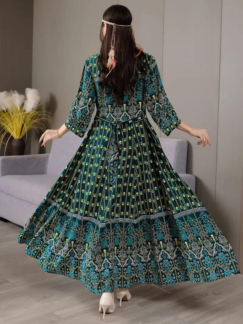 Boho Paisley Maxi Dress – Multicolor Ethnic Print, Flowy & Elegant