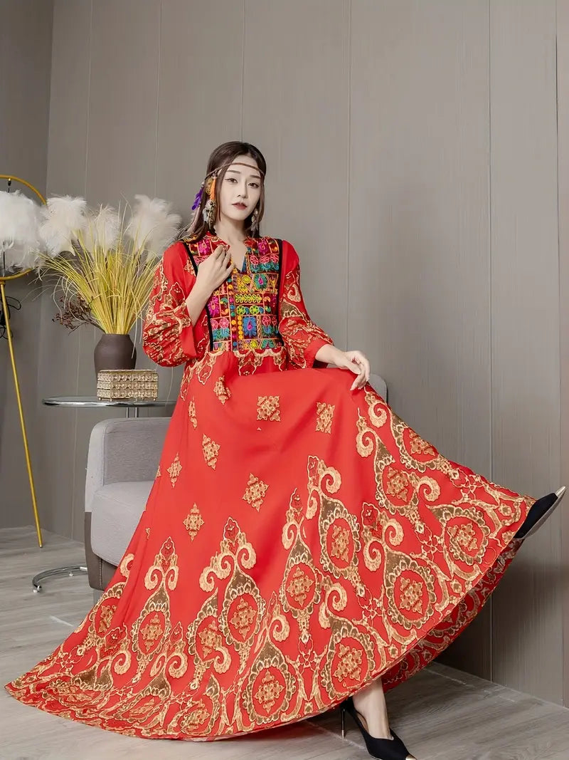 Boho Paisley Maxi Dress – Multicolor Ethnic Print, Flowy & Elegant