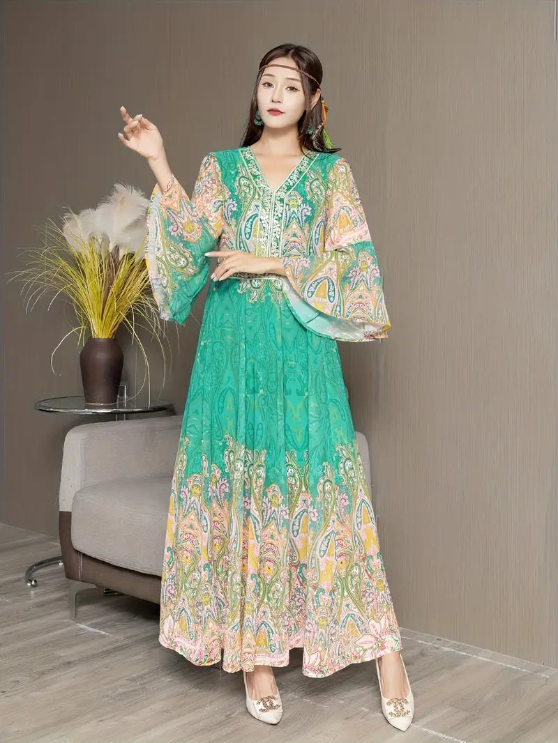 Boho Paisley Maxi Dress – Multicolor Ethnic Print, Flowy & Elegant