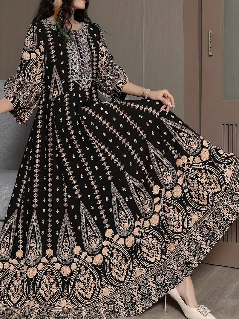 Boho Paisley Maxi Dress – Multicolor Ethnic Print, Flowy & Elegant