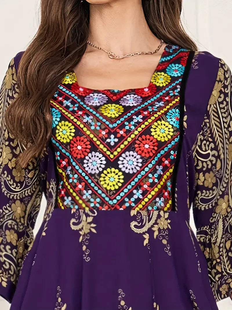 Boho Paisley Maxi Dress – Multicolor Ethnic Print, Flowy & Elegant