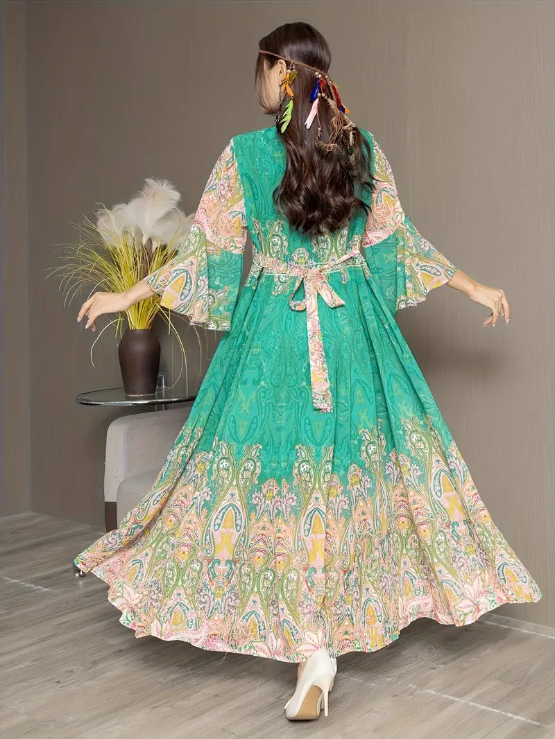 Boho Paisley Maxi Dress – Multicolor Ethnic Print, Flowy & Elegant