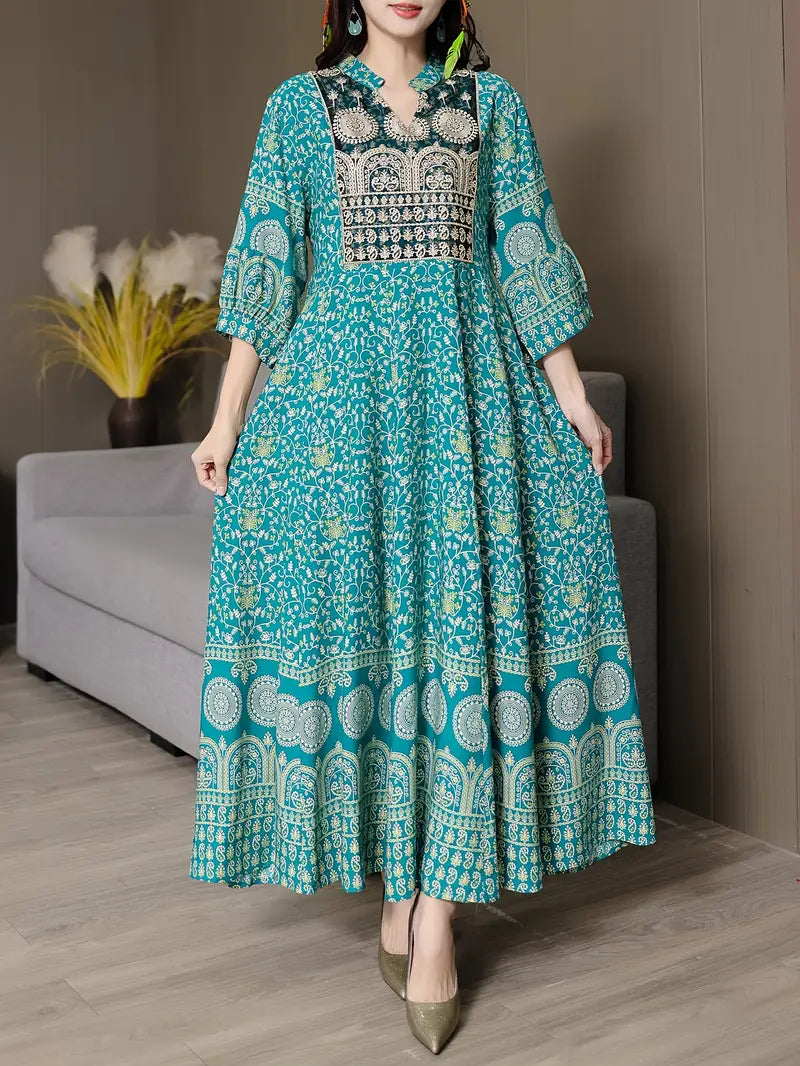 Boho Paisley Maxi Dress – Multicolor Ethnic Print, Flowy & Elegant