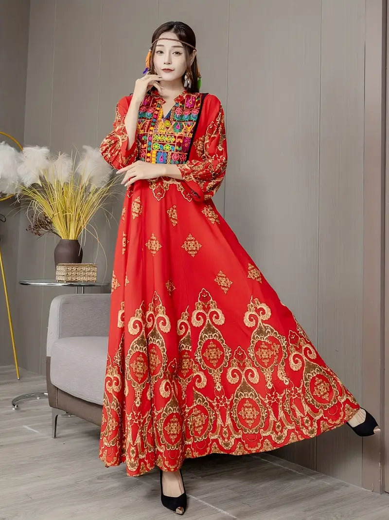 Boho Paisley Maxi Dress – Multicolor Ethnic Print, Flowy & Elegant