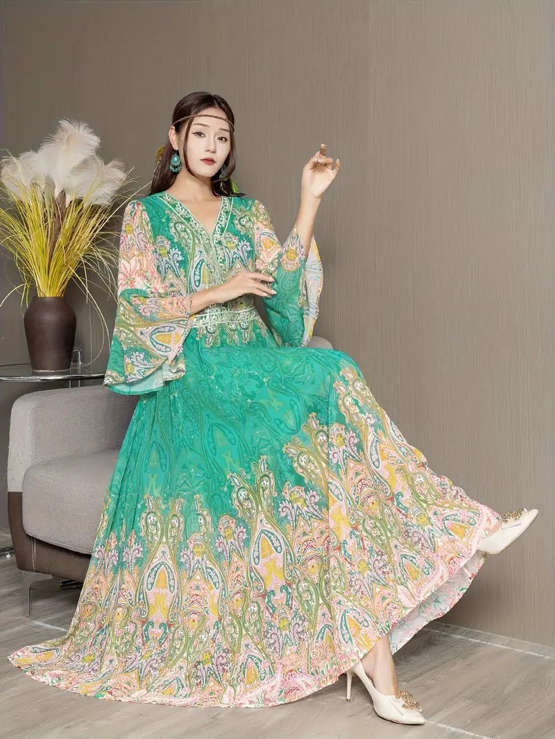 Boho Paisley Maxi Dress – Multicolor Ethnic Print, Flowy & Elegant