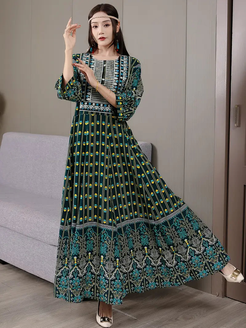 Boho Paisley Maxi Dress – Multicolor Ethnic Print, Flowy & Elegant