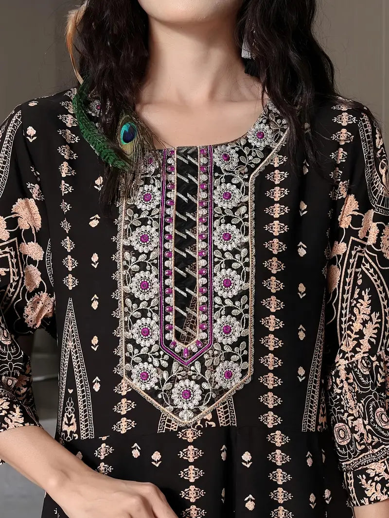 Boho Paisley Maxi Dress – Multicolor Ethnic Print, Flowy & Elegant