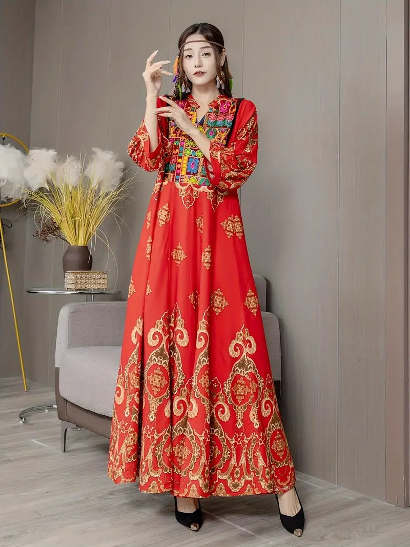 Boho Paisley Maxi Dress – Multicolor Ethnic Print, Flowy & Elegant