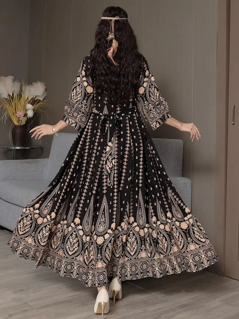 Boho Paisley Maxi Dress – Multicolor Ethnic Print, Flowy & Elegant