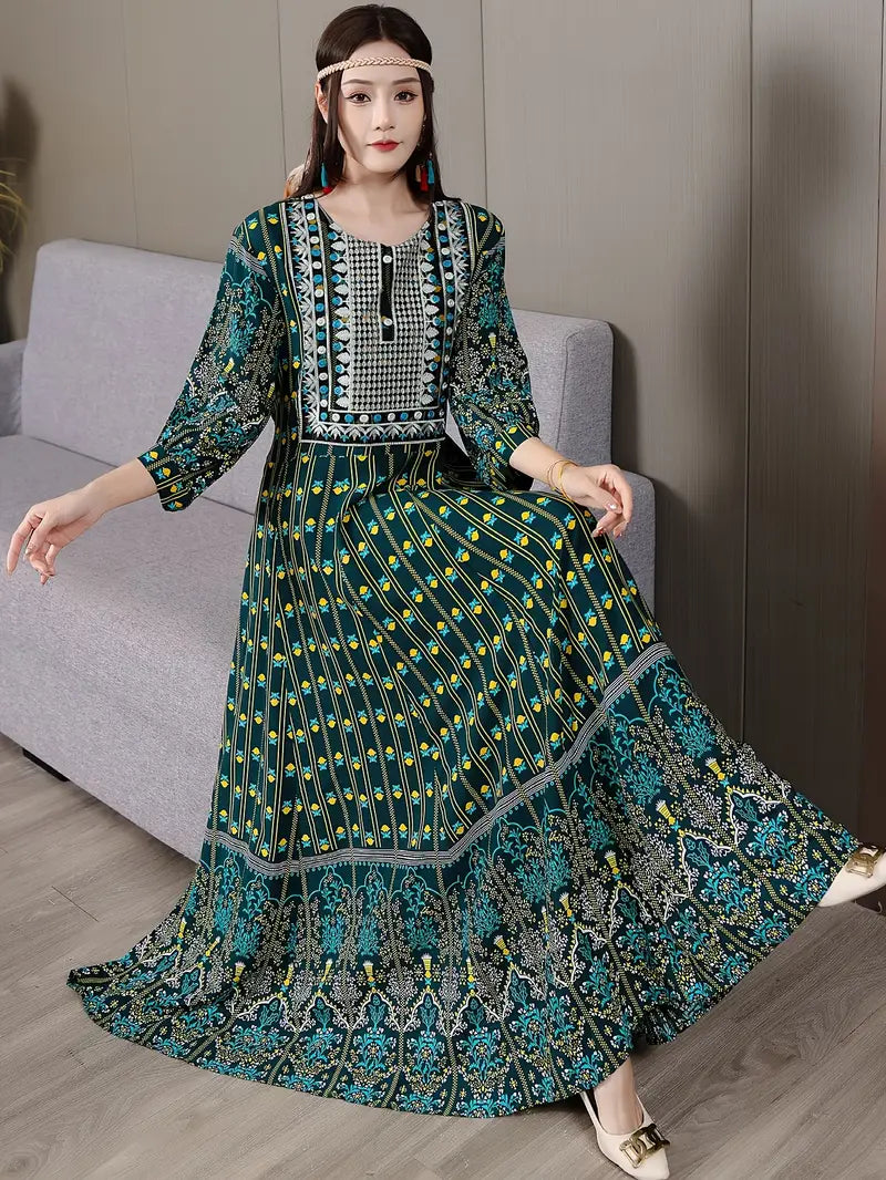 Boho Paisley Maxi Dress – Multicolor Ethnic Print, Flowy & Elegant