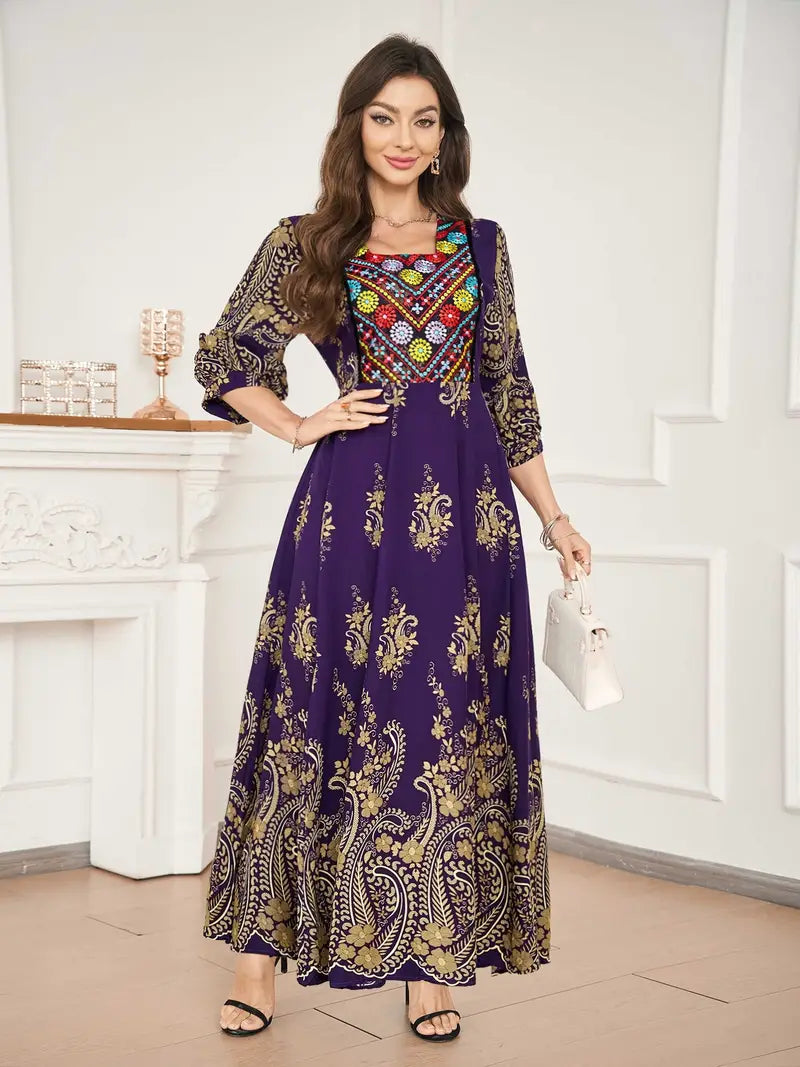 Boho Paisley Maxi Dress – Multicolor Ethnic Print, Flowy & Elegant