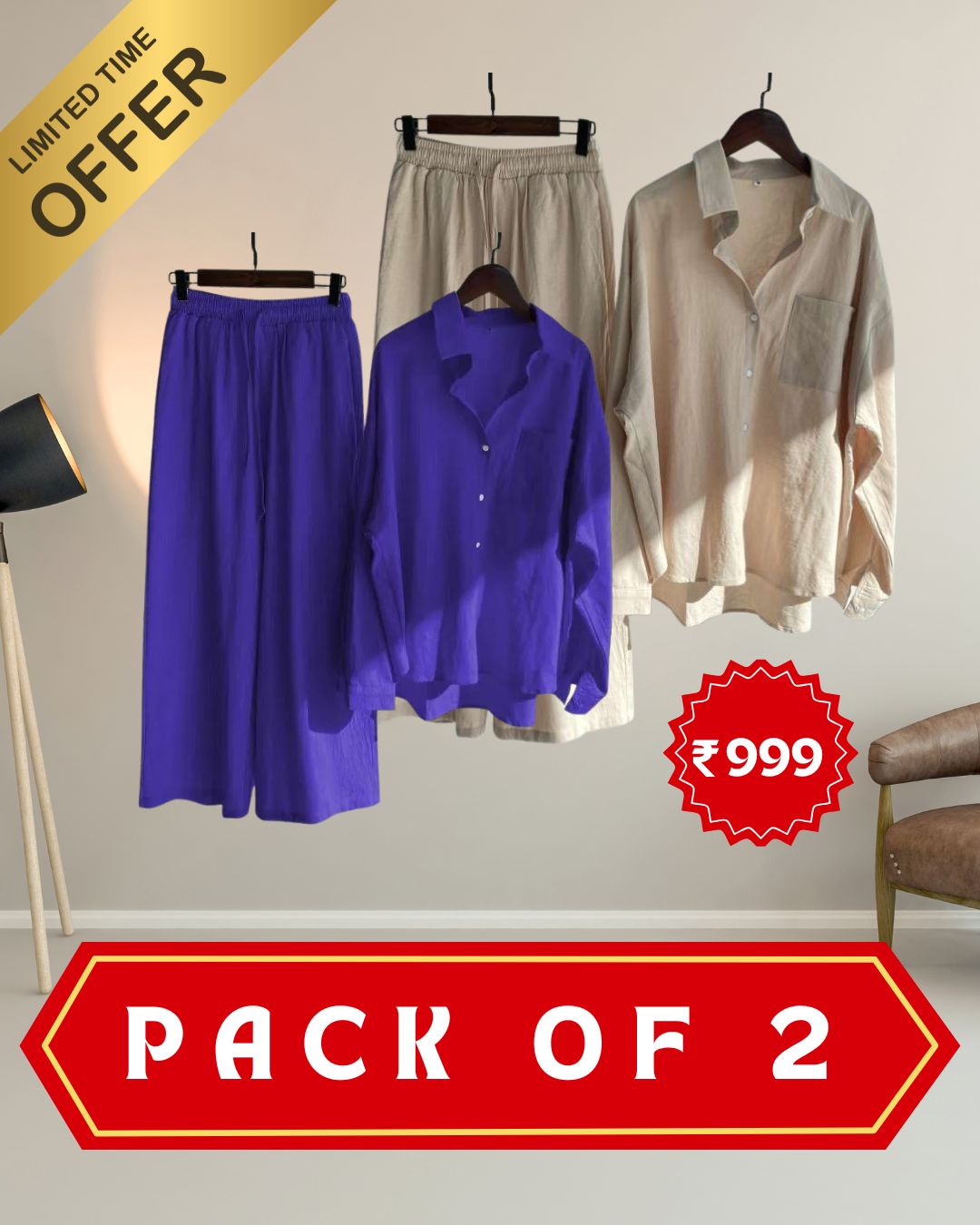 Women’s High‑Waist Cotton Shirt & Slacks Set