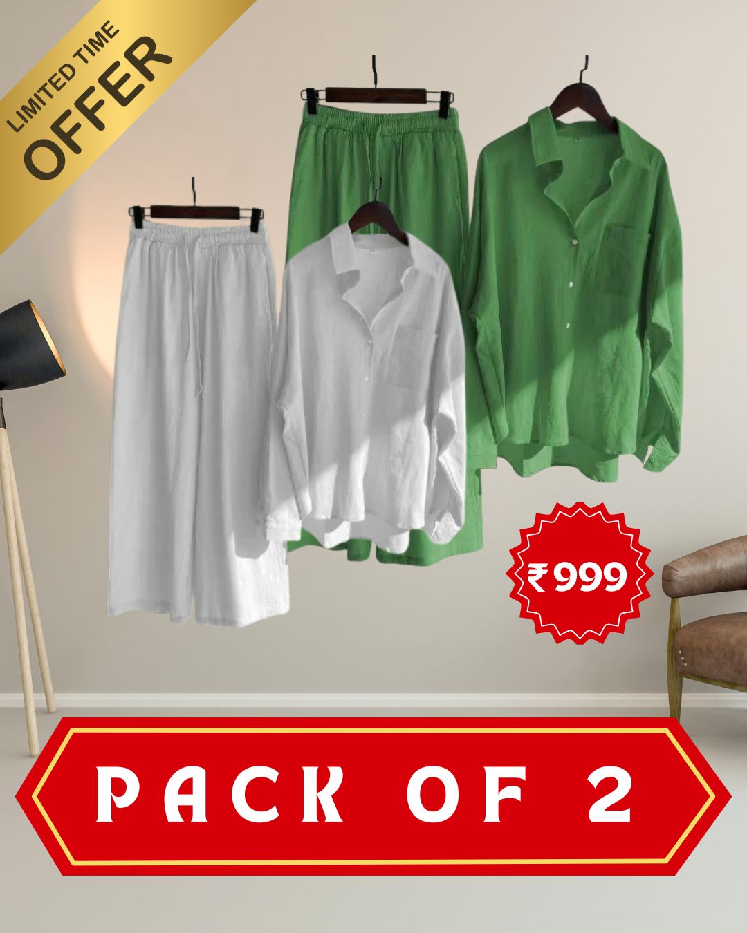 Women’s High‑Waist Cotton Shirt & Slacks Set