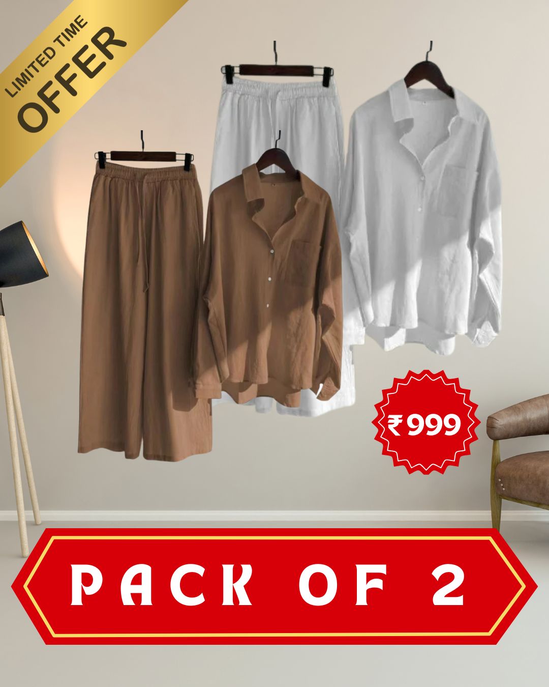 Women’s High‑Waist Cotton Shirt & Slacks Set