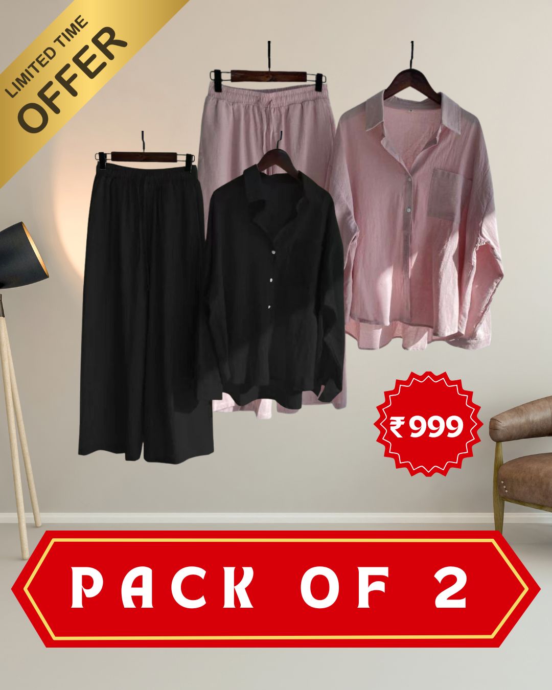 Women’s High‑Waist Cotton Shirt & Slacks Set