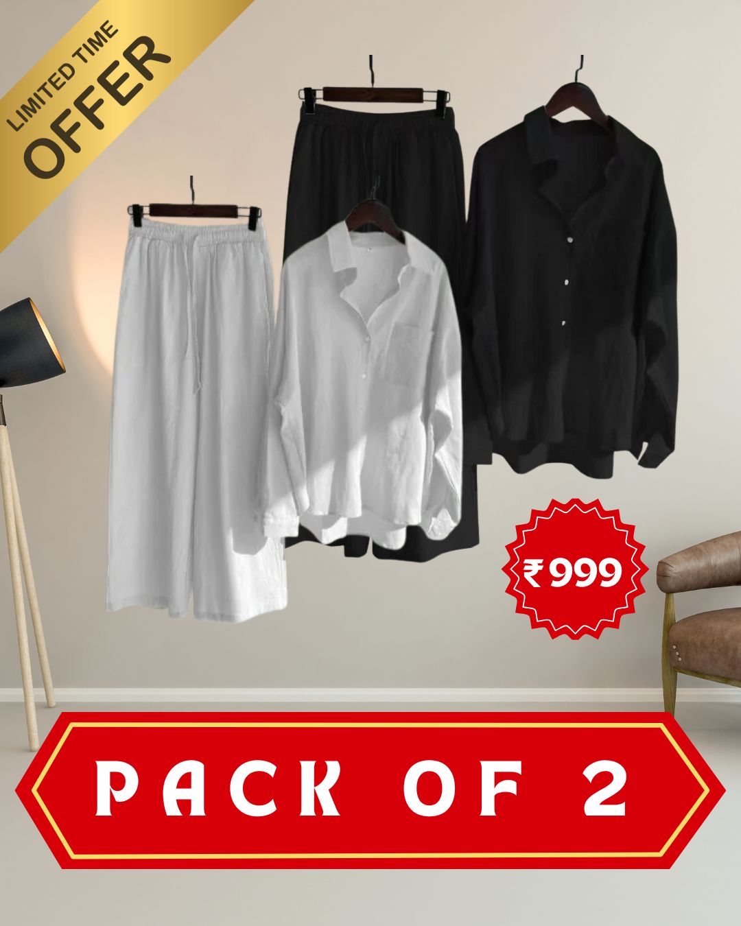 Women’s High‑Waist Cotton Shirt & Slacks Set