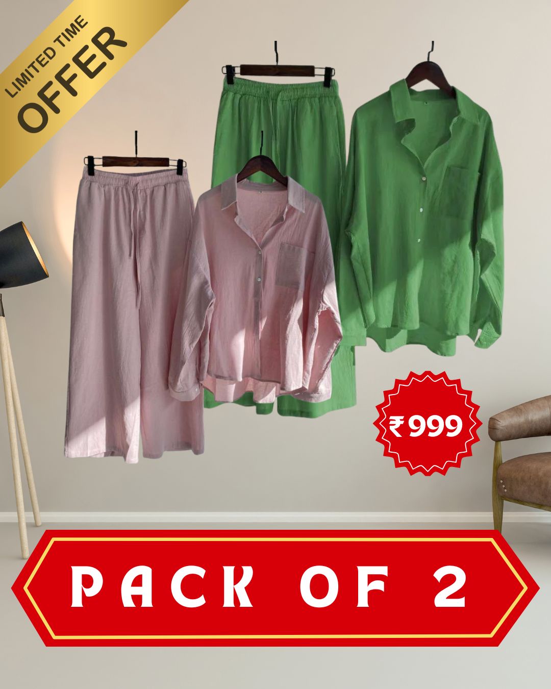 Women’s High‑Waist Cotton Shirt & Slacks Set