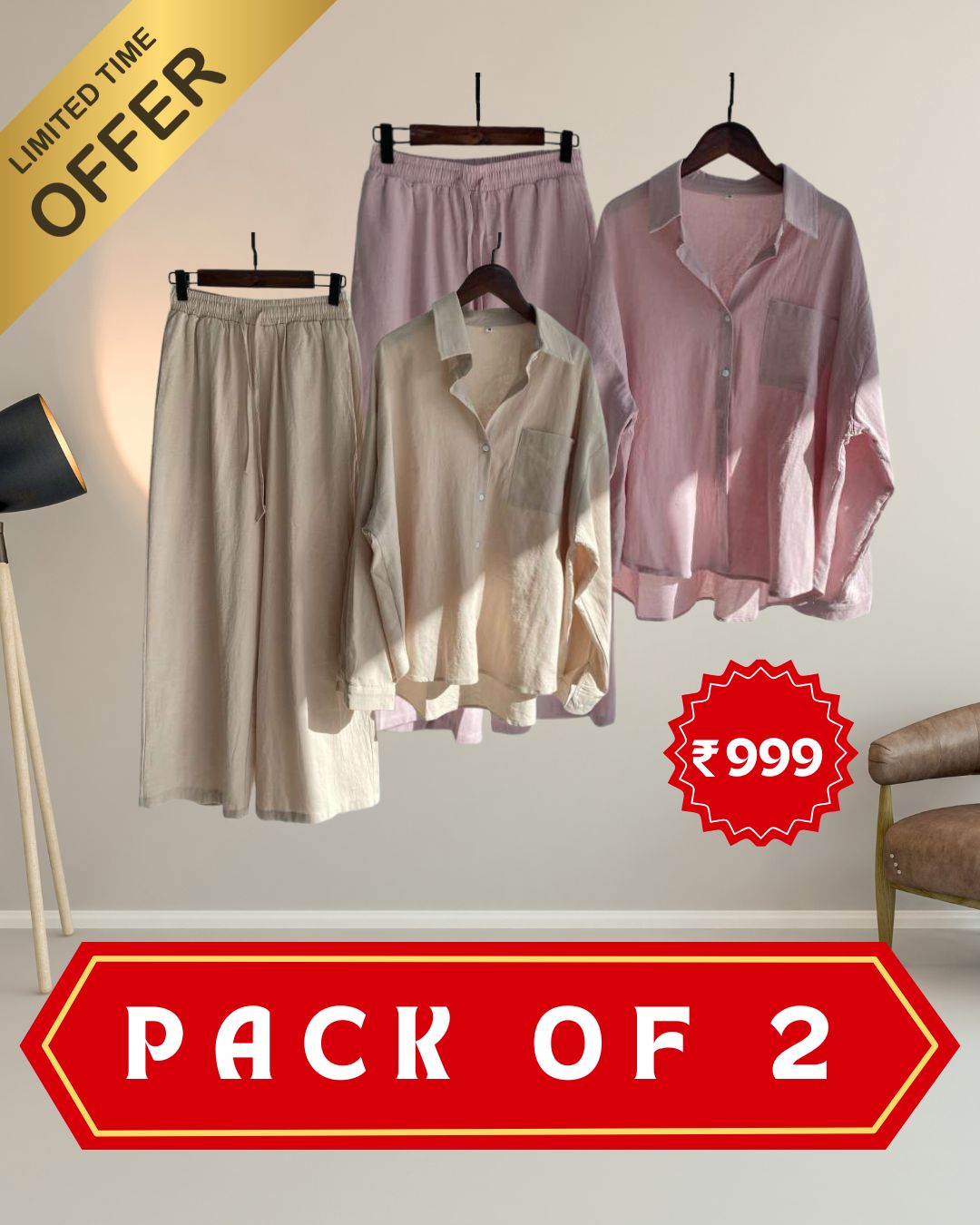 Women’s High‑Waist Cotton Shirt & Slacks Set