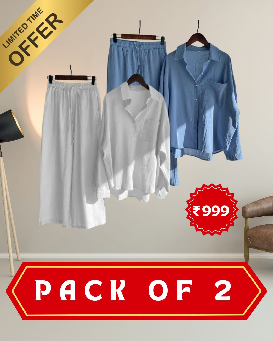 Women’s High‑Waist Cotton Shirt & Slacks Set
