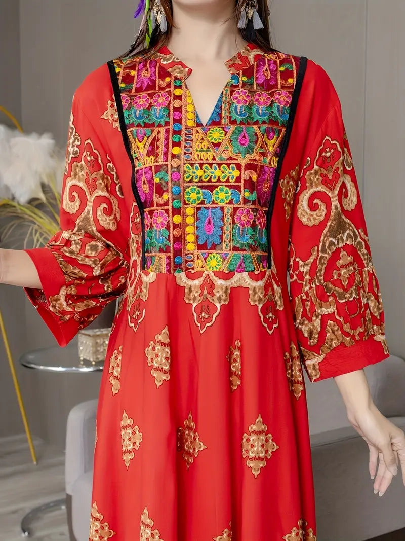 Boho Paisley Maxi Dress – Multicolor Ethnic Print, Flowy & Elegant