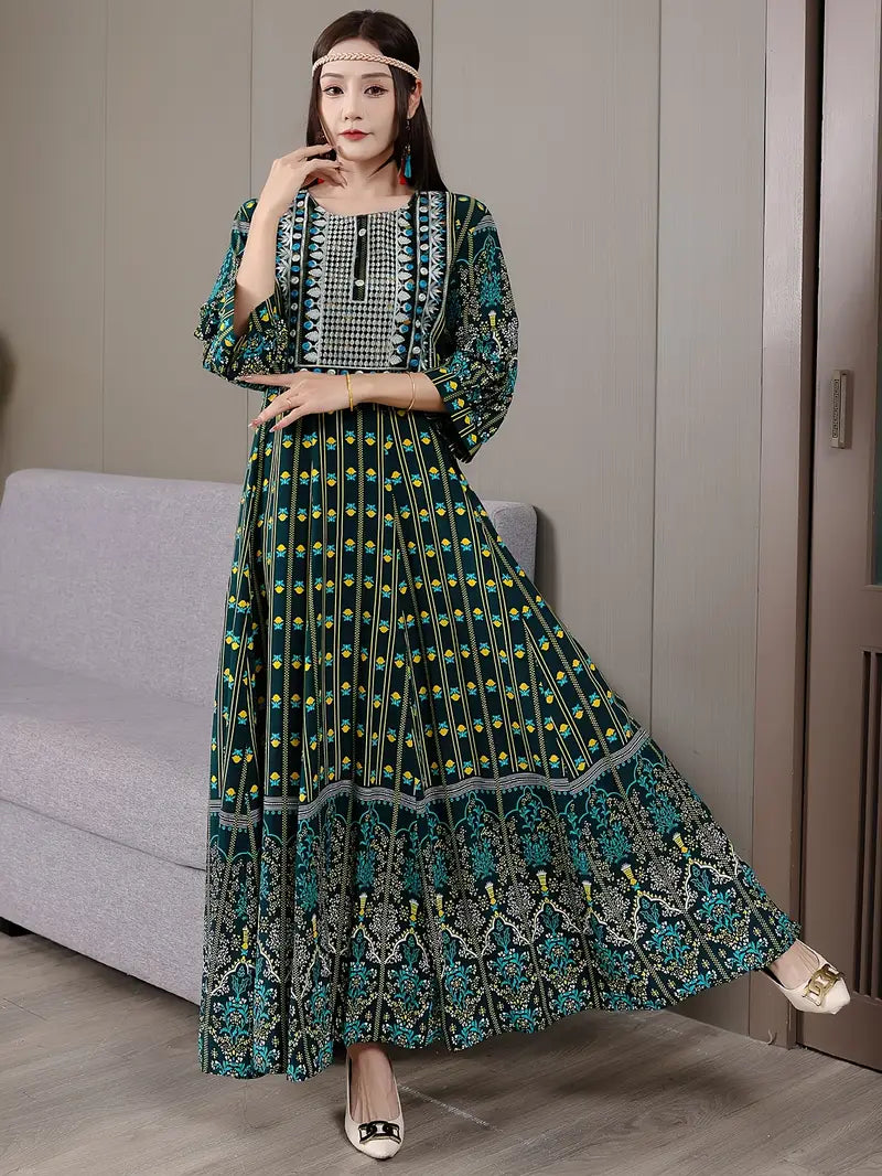 Boho Paisley Maxi Dress – Multicolor Ethnic Print, Flowy & Elegant