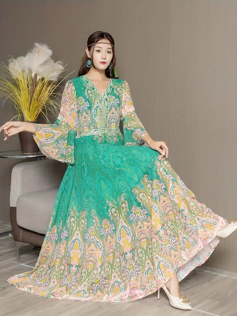 Boho Paisley Maxi Dress – Multicolor Ethnic Print, Flowy & Elegant