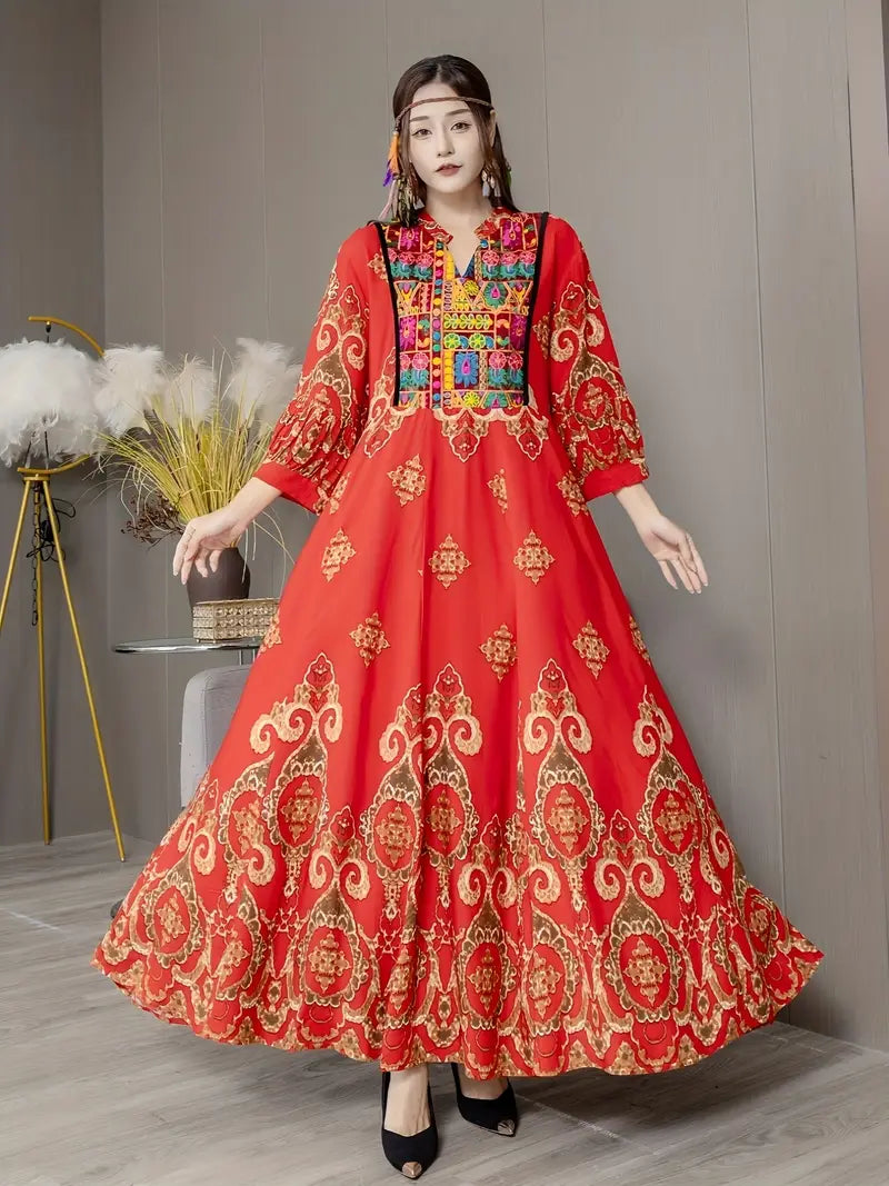 Boho Paisley Maxi Dress – Multicolor Ethnic Print, Flowy & Elegant