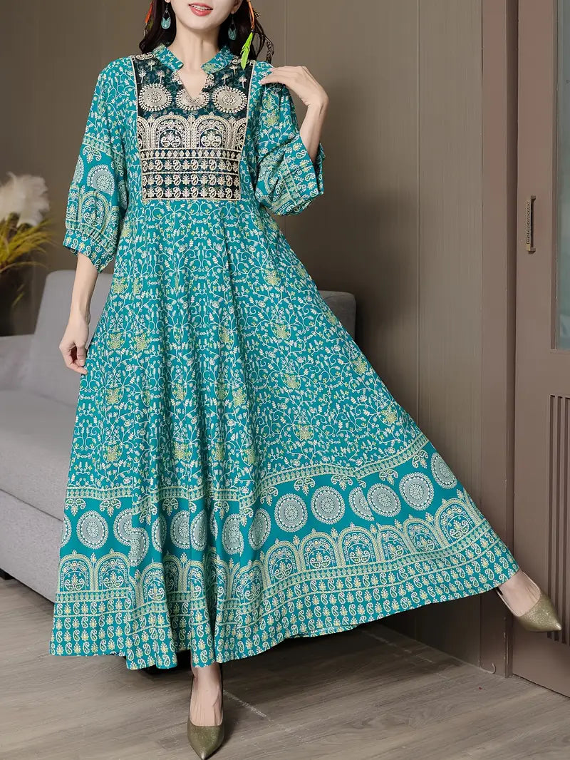 Boho Paisley Maxi Dress – Multicolor Ethnic Print, Flowy & Elegant