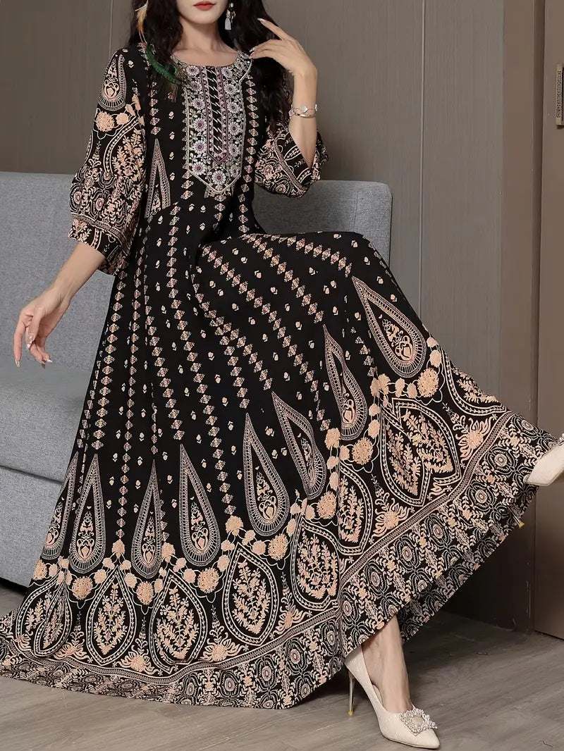 Boho Paisley Maxi Dress – Multicolor Ethnic Print, Flowy & Elegant