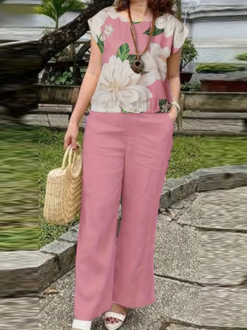 Flora Fly Lounge Set – Boat Neck Butterfly Print Top & Pants