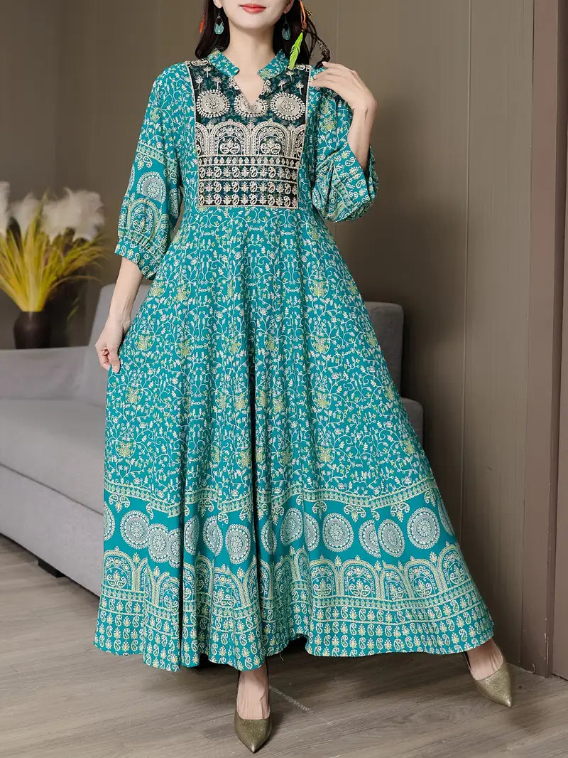 Boho Paisley Maxi Dress – Multicolor Ethnic Print, Flowy & Elegant