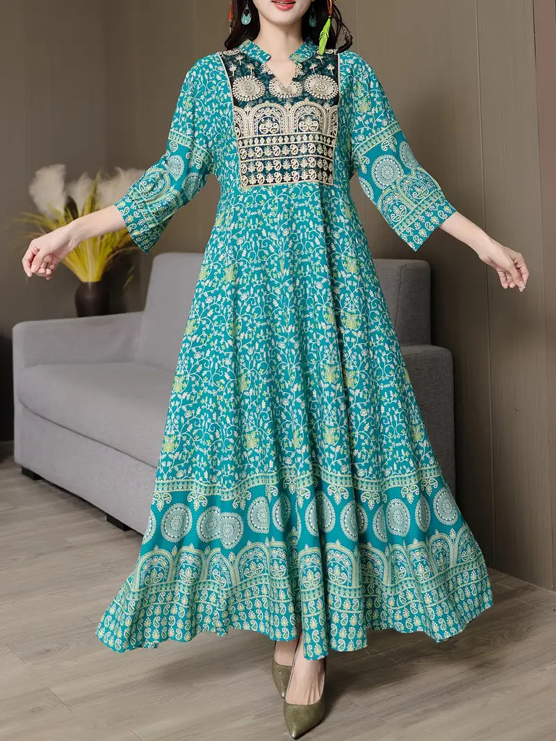 Boho Paisley Maxi Dress – Multicolor Ethnic Print, Flowy & Elegant