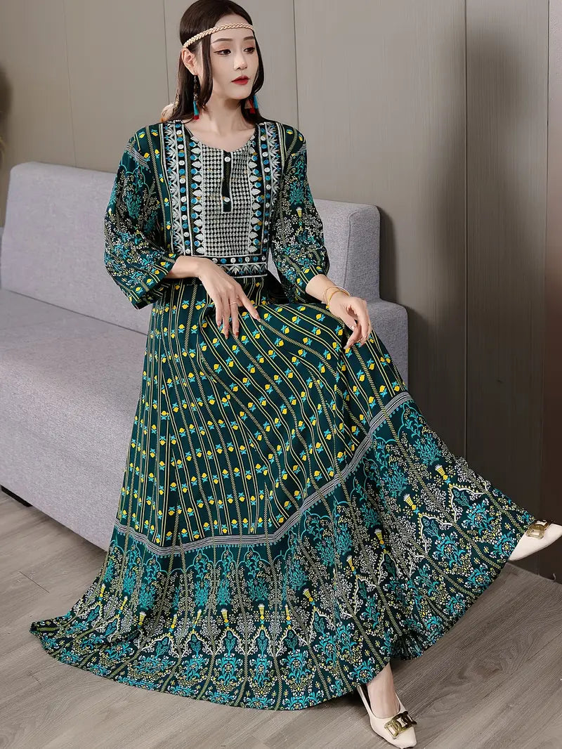 Boho Paisley Maxi Dress – Multicolor Ethnic Print, Flowy & Elegant