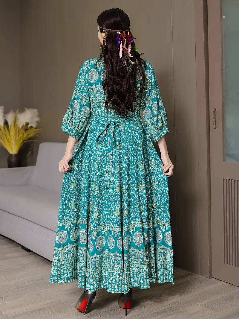 Boho Paisley Maxi Dress – Multicolor Ethnic Print, Flowy & Elegant