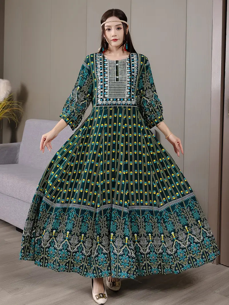 Boho Paisley Maxi Dress – Multicolor Ethnic Print, Flowy & Elegant